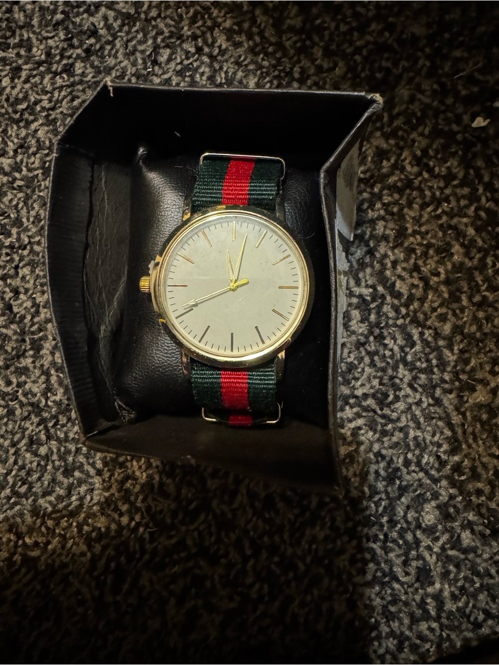 Classic Gold-Tone Watch with Green and Red Stripe Nylon Strap